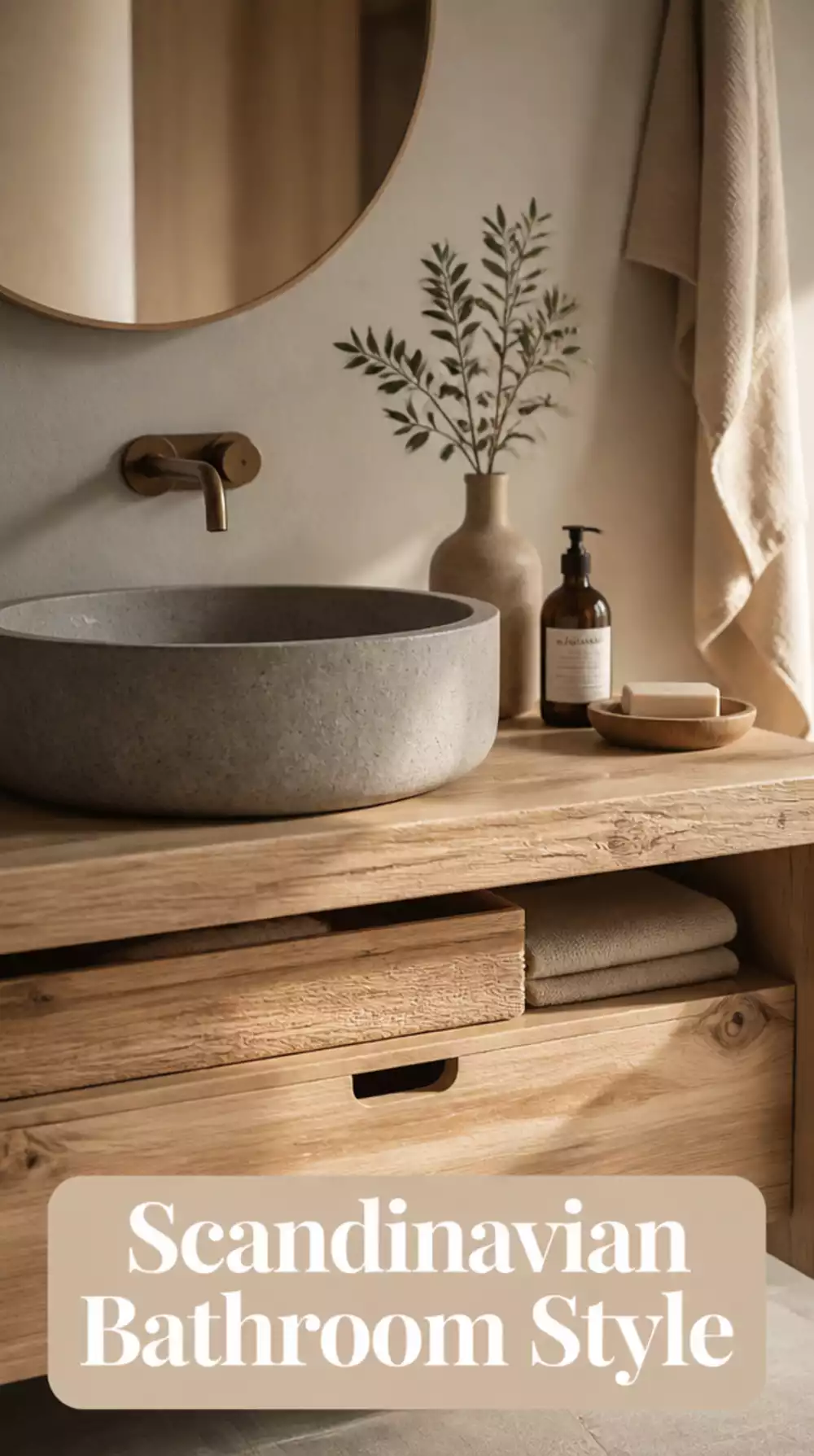 Scandinavian Bathroom Concrete Basin with a Natural Wood Vanity Below