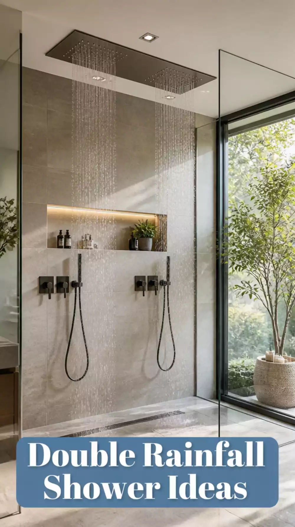Bathroom Double Rainfall Shower with Built-In Ceiling Rose and Glass Screen