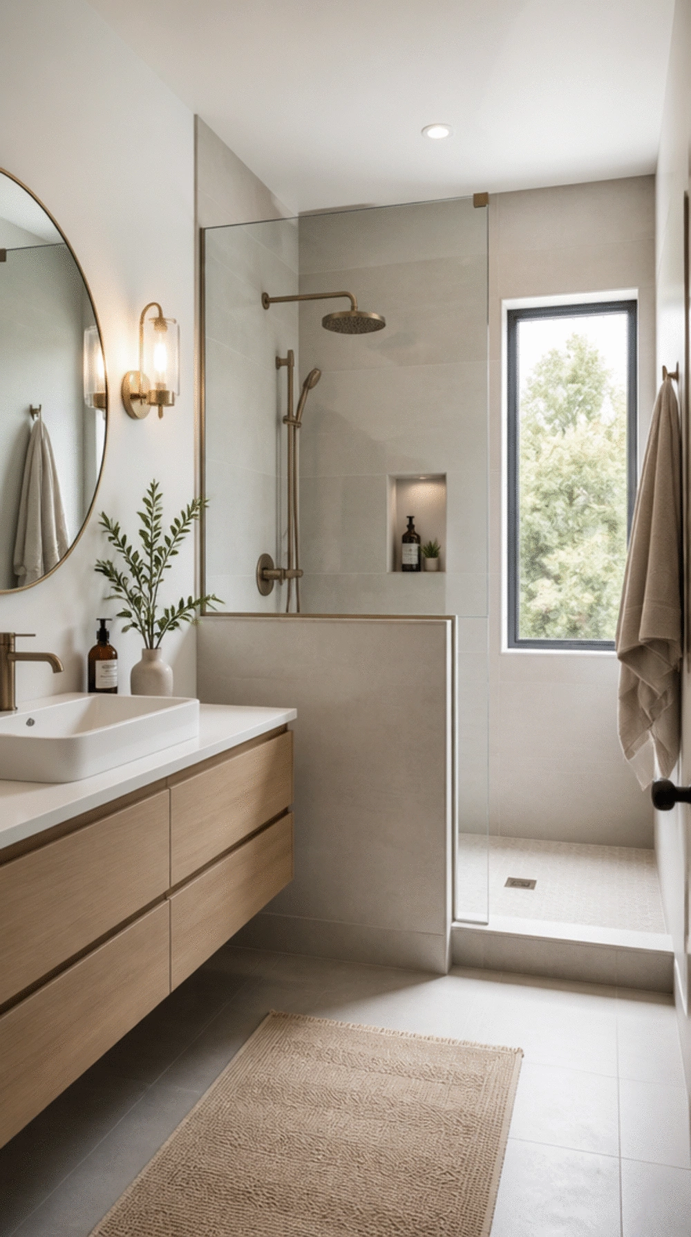 Small Bathroom Shower with a Half Glass Screen That Keeps the Room Open