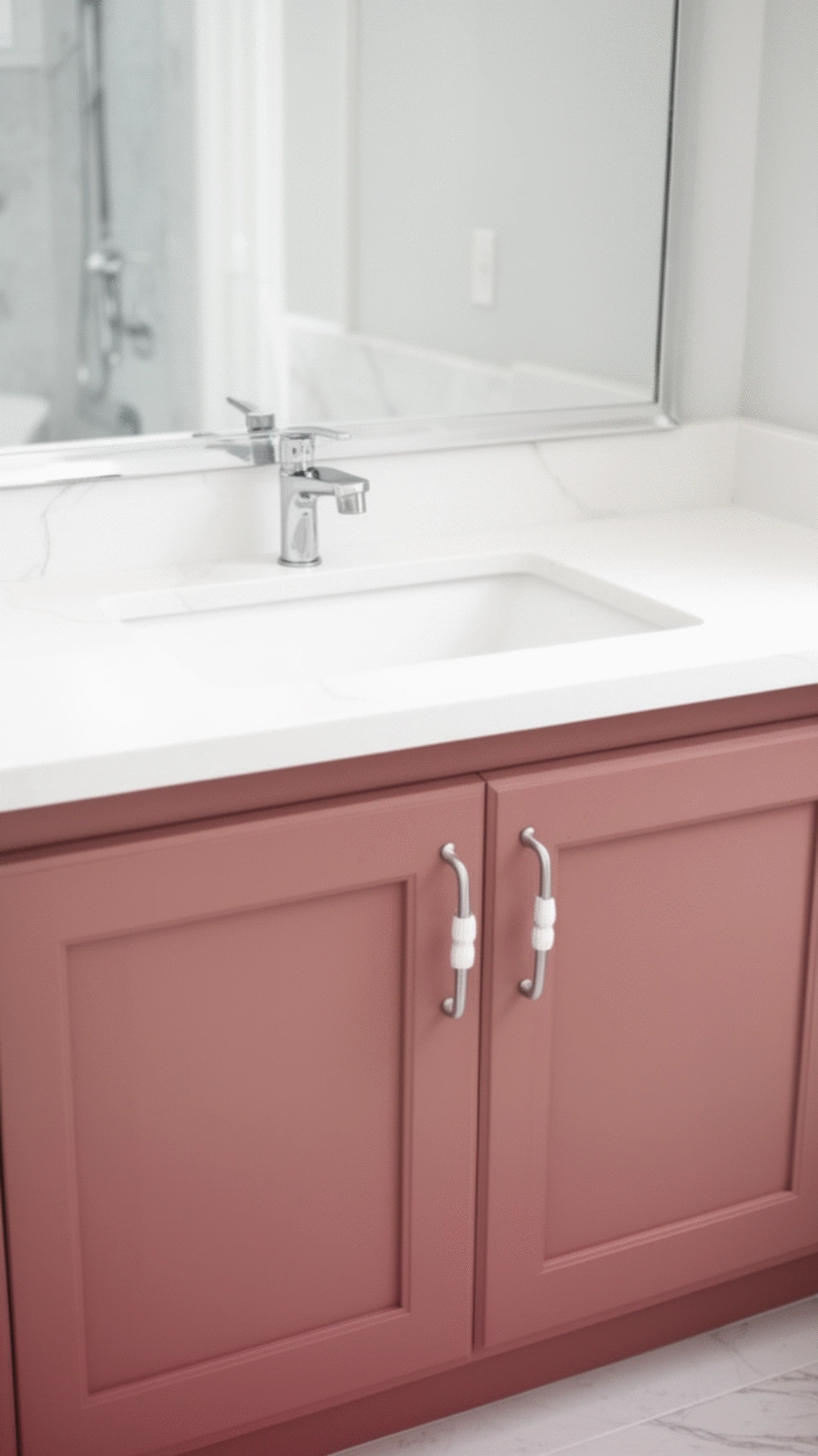 Bathroom Dusty Rose Cabinet Painted Below a White Quartz Countertop