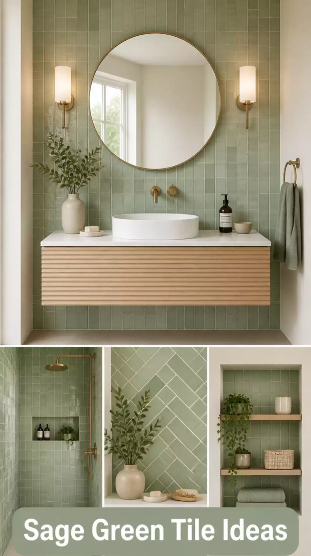 Bathroom Zellige Tile Feature Panel in Sage Green Behind a Floating Vanity