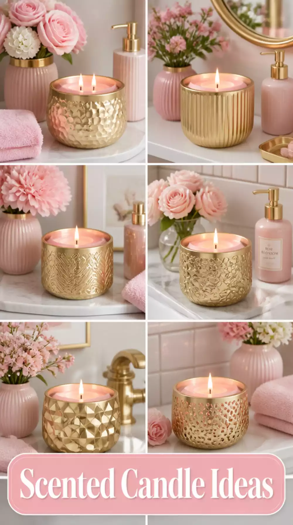 Bathroom Pink Bathroom Scented Candle in a Gold Ceramic Vessel for Shelf Styling