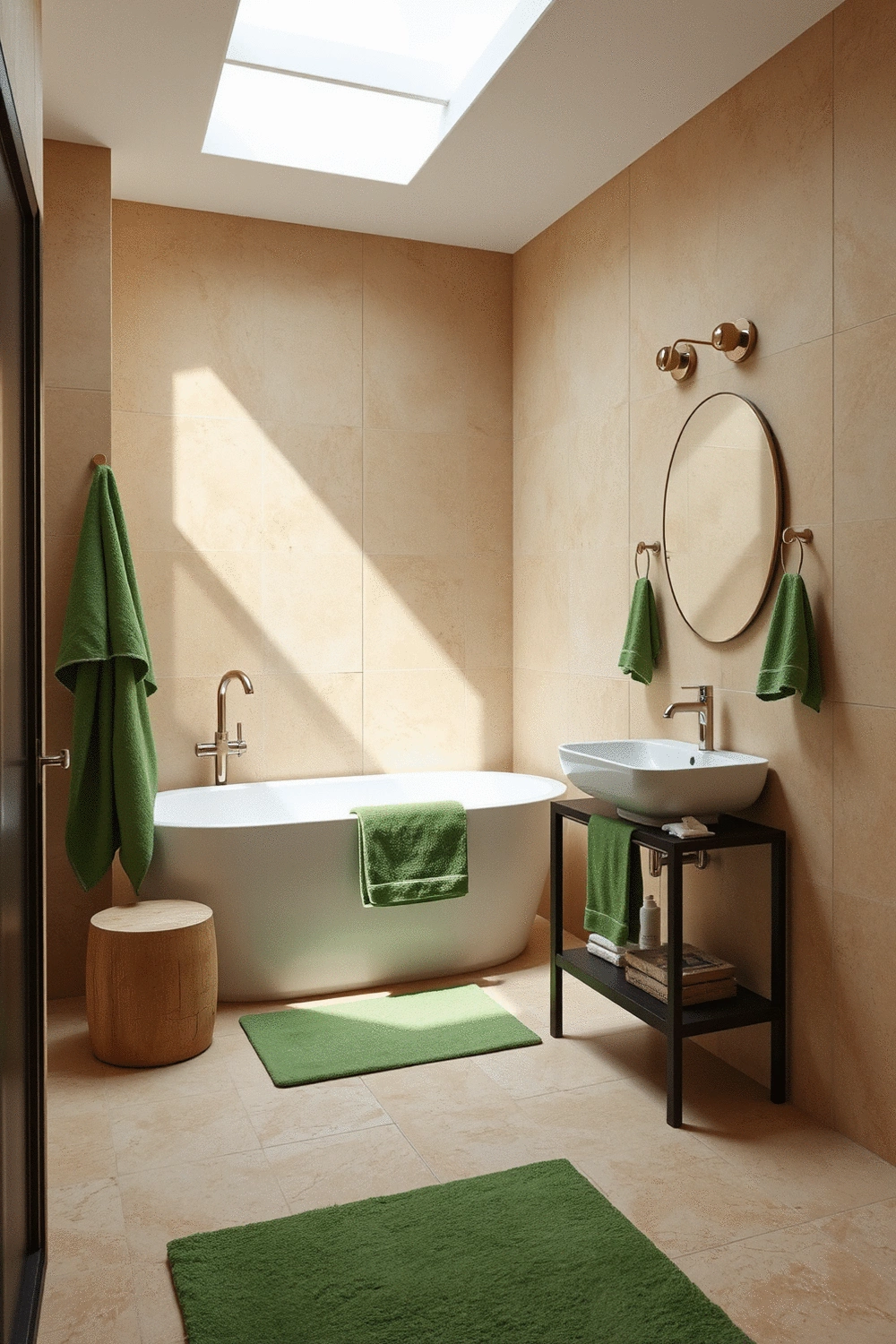 Bathroom interior with earthy tones, beige walls, and green accent towels, natural light