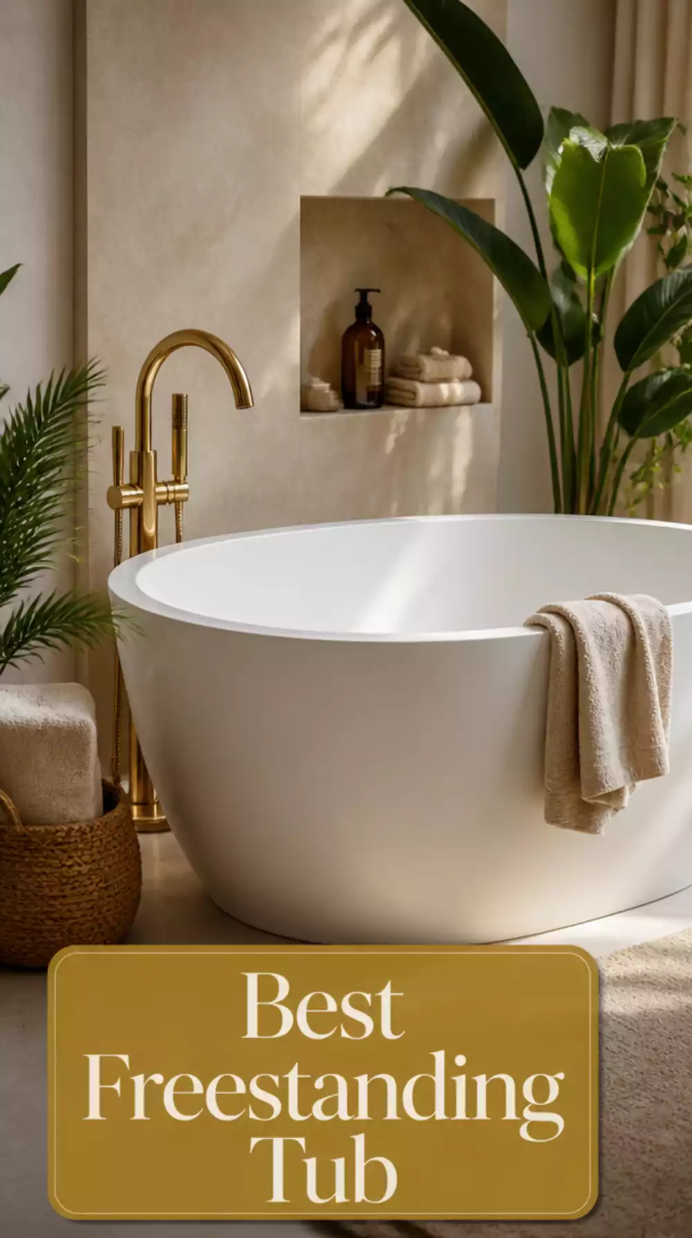 Bathroom Freestanding Tub with Angled Brass Floor-Mounted Faucet