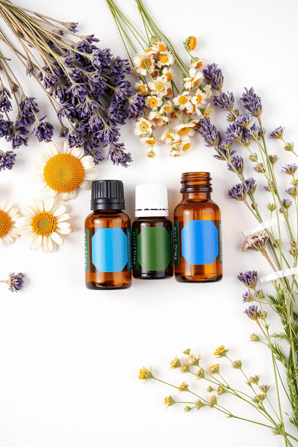 Botanical ingredients like lavender sprigs and chamomile flowers arranged neatly next to small amber essential oil bottles, illustrating aromatherapy science.