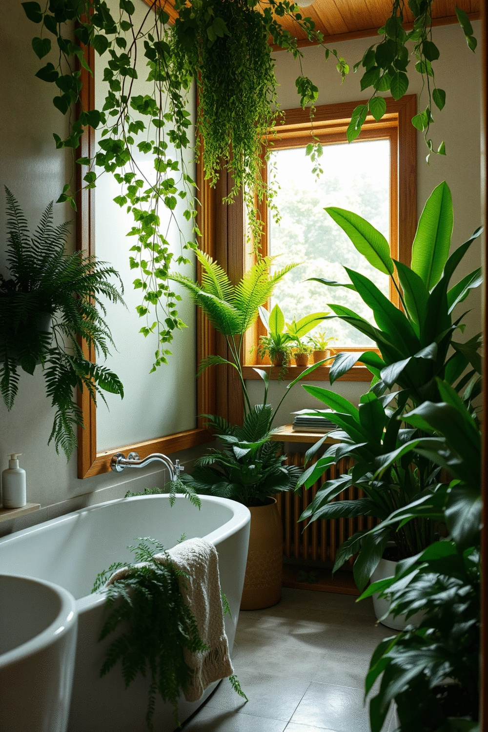 Bathroom interior with lush green indoor plants, soft light, and natural wood accents