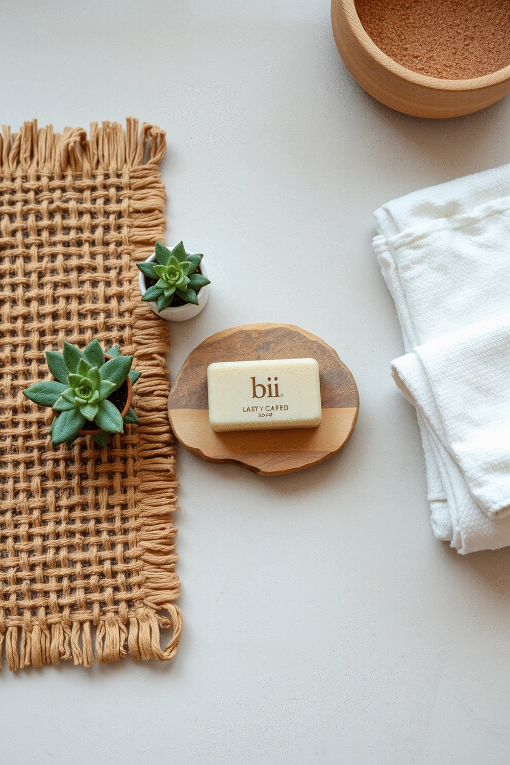 Flat lay of natural bathroom elements: a wooden bath mat, a natural stone soap dish, a small potted plant, and organic cotton towels, all on a clean, earthy-toned surface