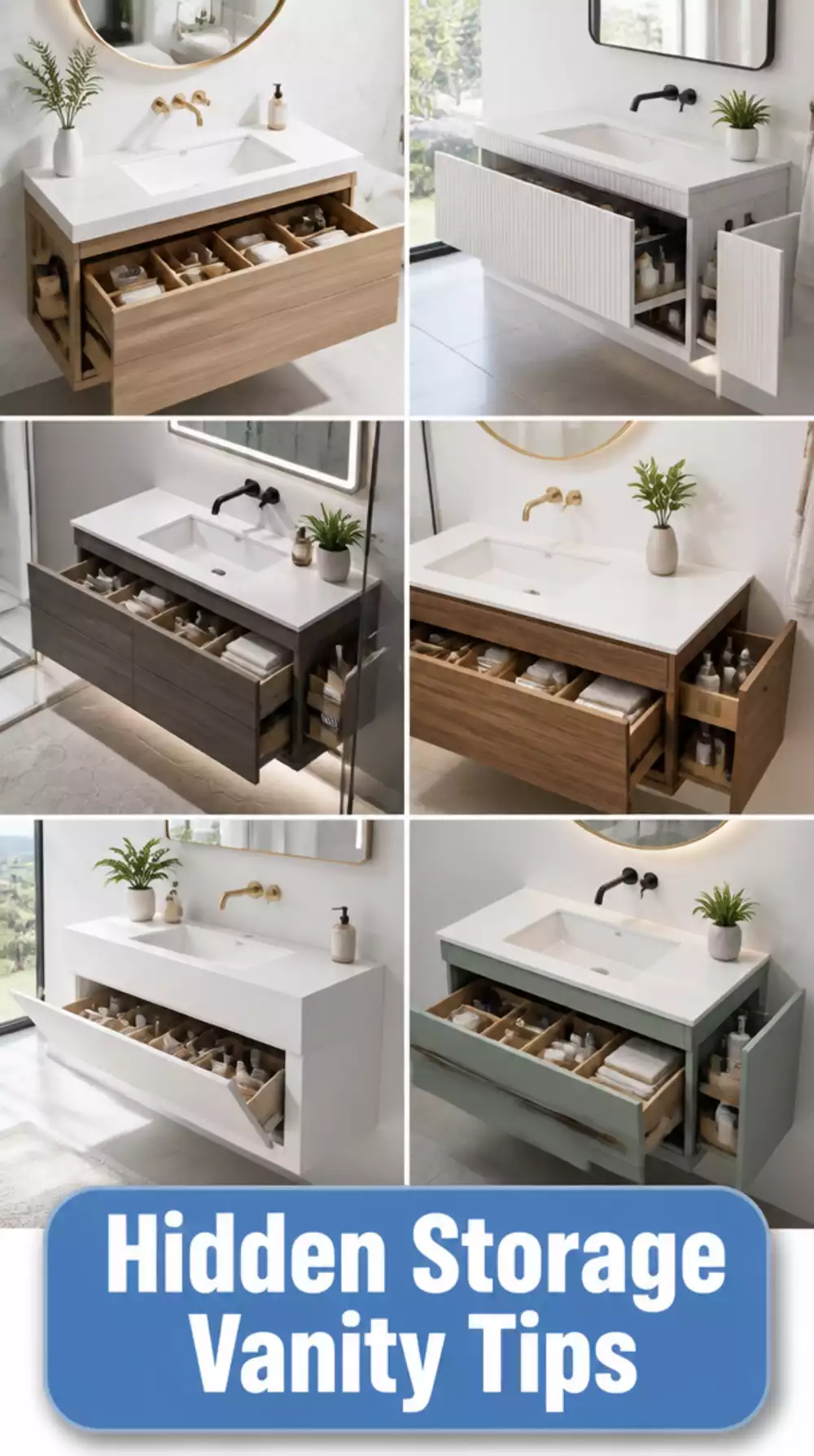 Bathroom Floating Vanity with Hidden Storage That Clears a Small Counter