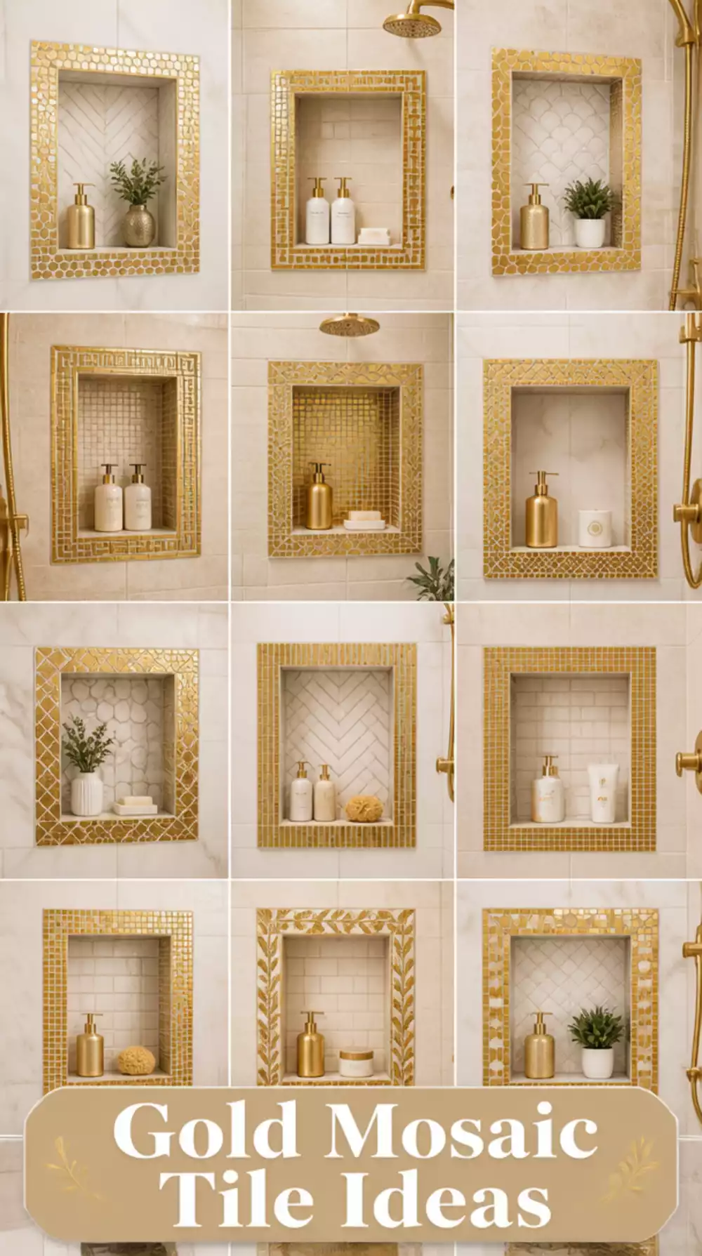 Luxury Bathroom Gold Mosaic Tile Border That Frames a Shower Niche Precisely
