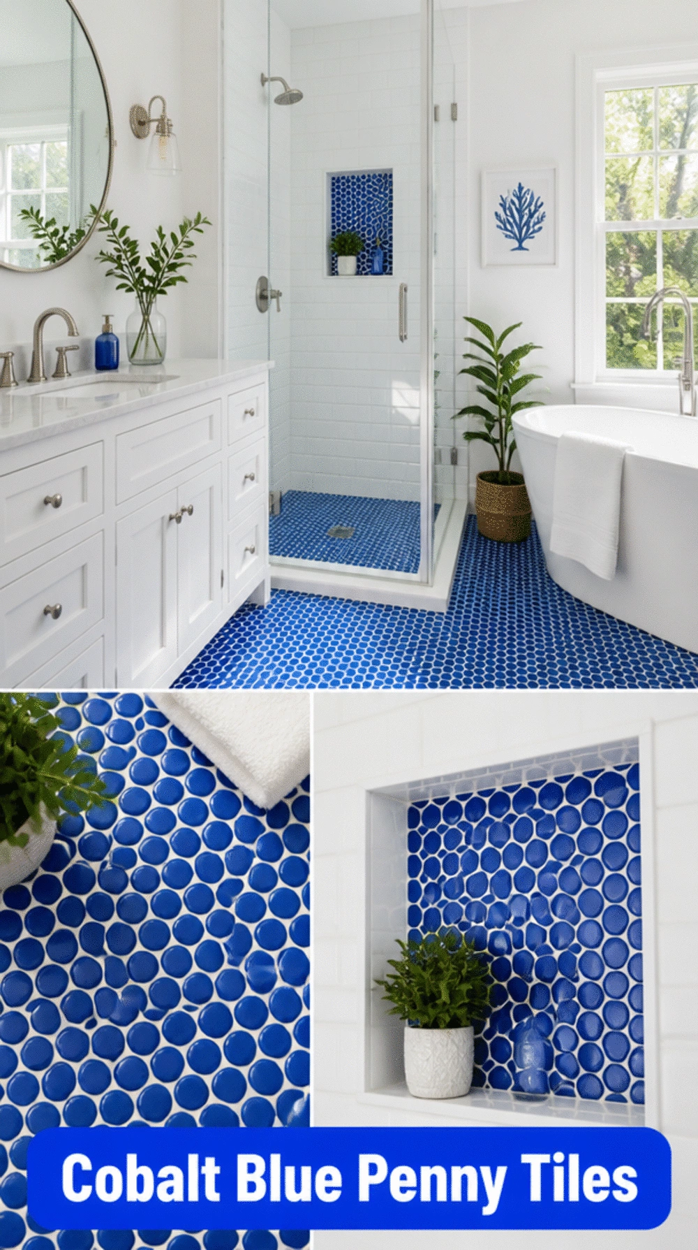 Bathroom Cobalt Blue Penny Tile Floor That Makes a White Room Pop