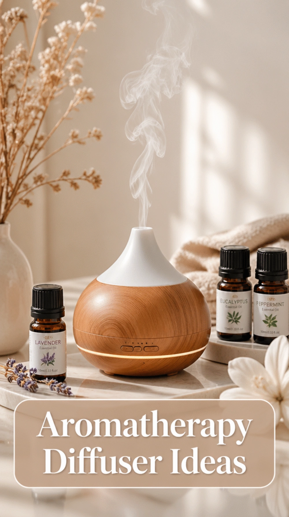 Bathroom Aromatherapy Diffuser with Warm Wood Base for a Spa Shelf