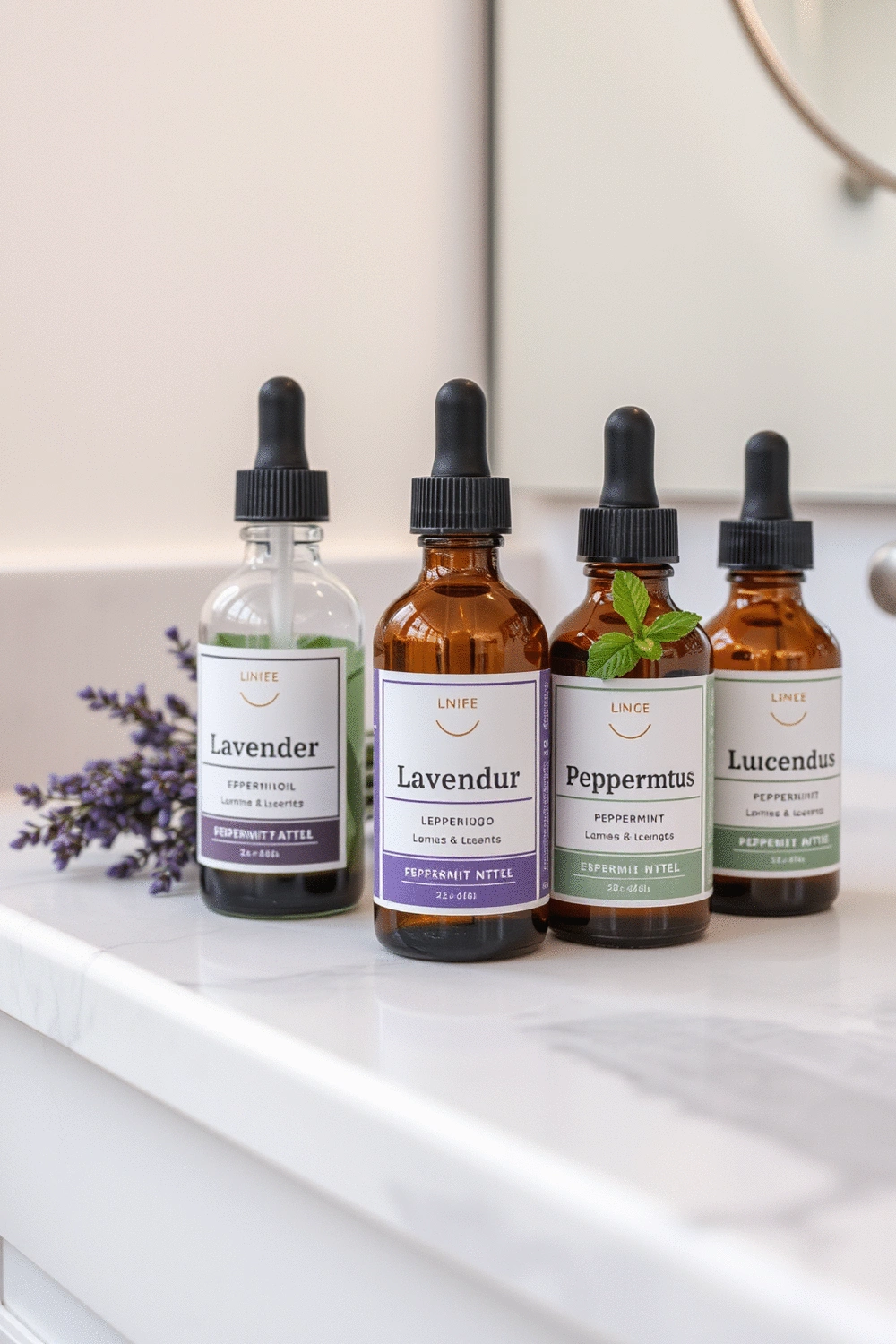 Assortment of essential oil bottles (lavender, eucalyptus, peppermint) on a clean, minimalist bathroom counter with soft, diffused lighting.