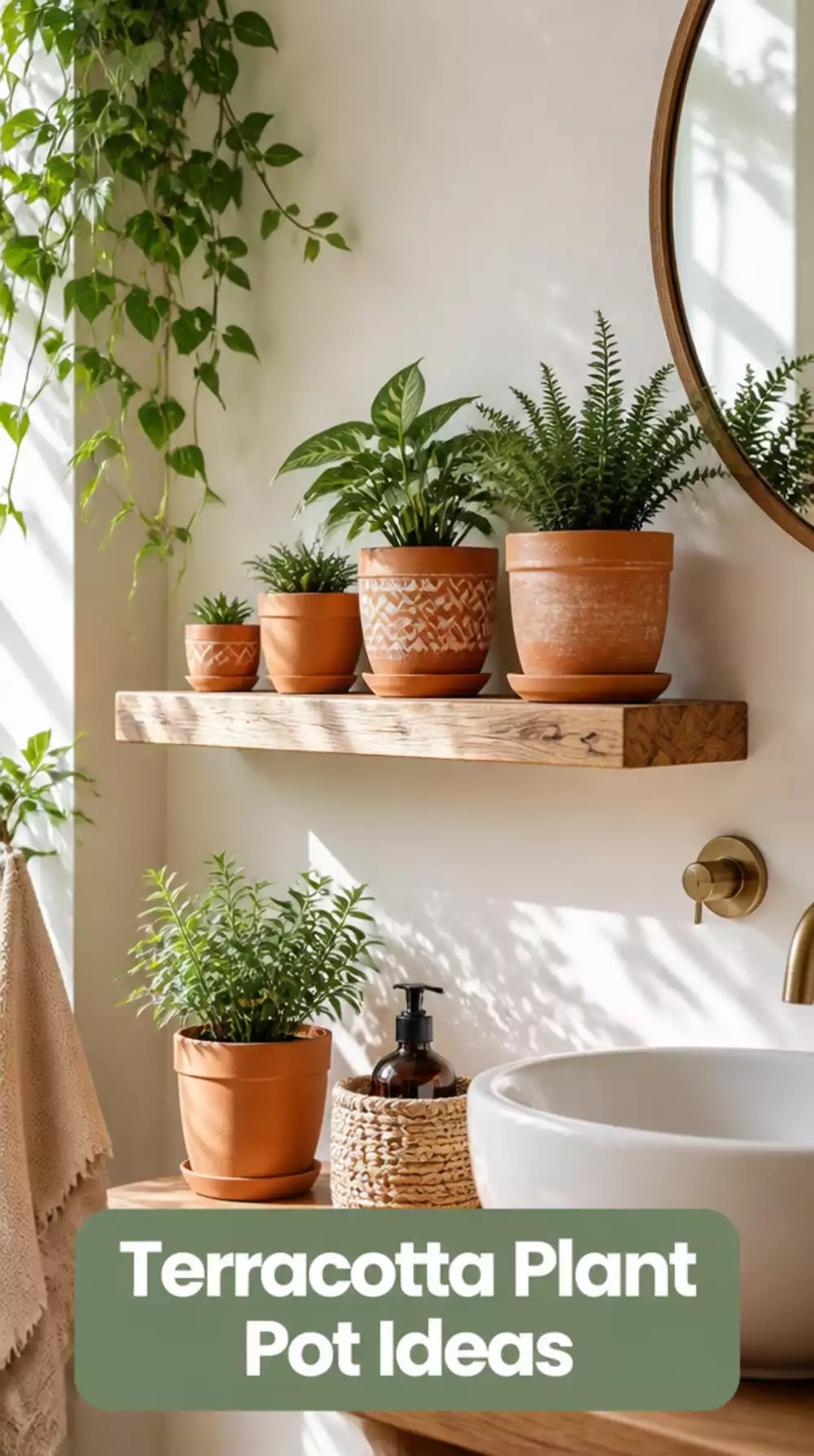 Boho Bathroom Terracotta Plant Pot Set on a Floating Wood Ledge Shelf