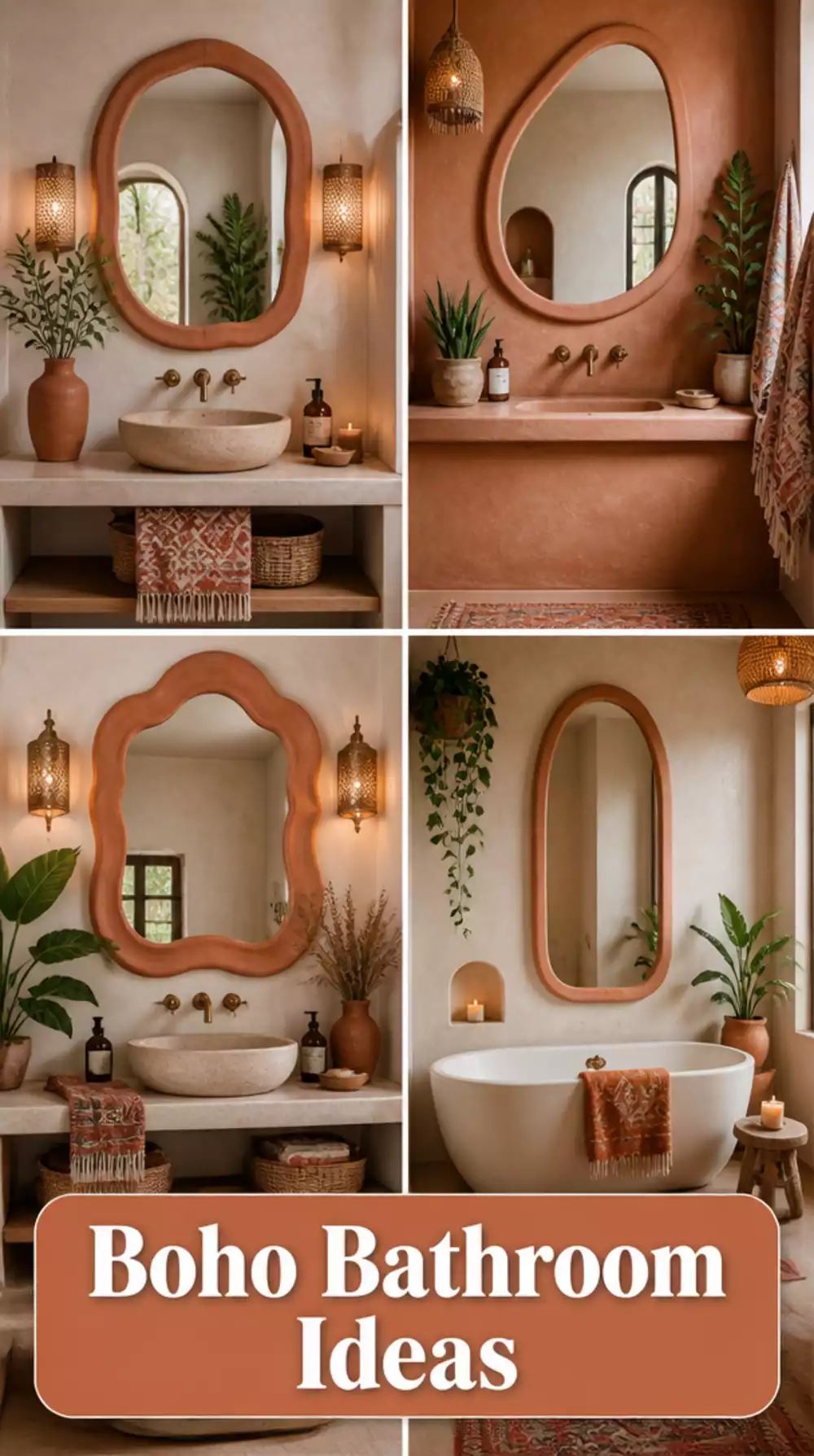 Bathroom Painted Plaster Frame Mirror in a Warm Terracotta Tone for a Boho Look