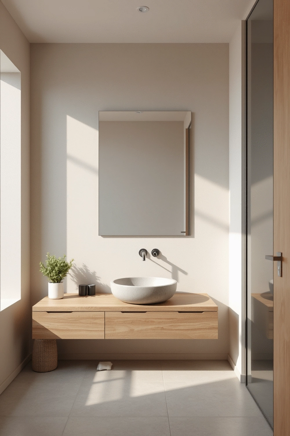 Bathroom interior with neutral tones, natural wood vanity, and a stone sink, soft natural light, no text, no words, no typography, no labels, clean image, no humans, no people, no hands, no body parts