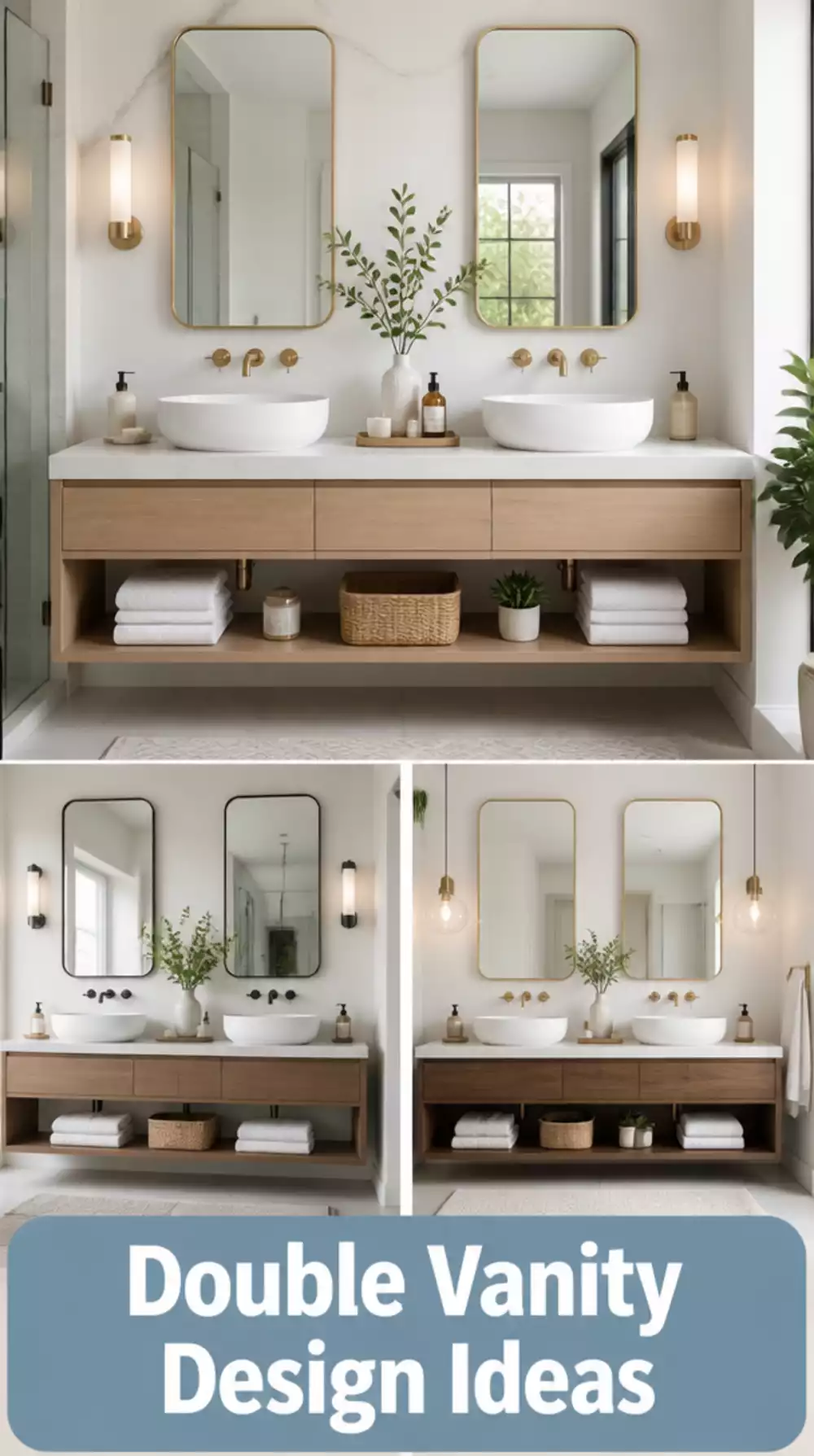 Floating Bathroom Double Vanity with Vessel Sinks and Open Base Shelf