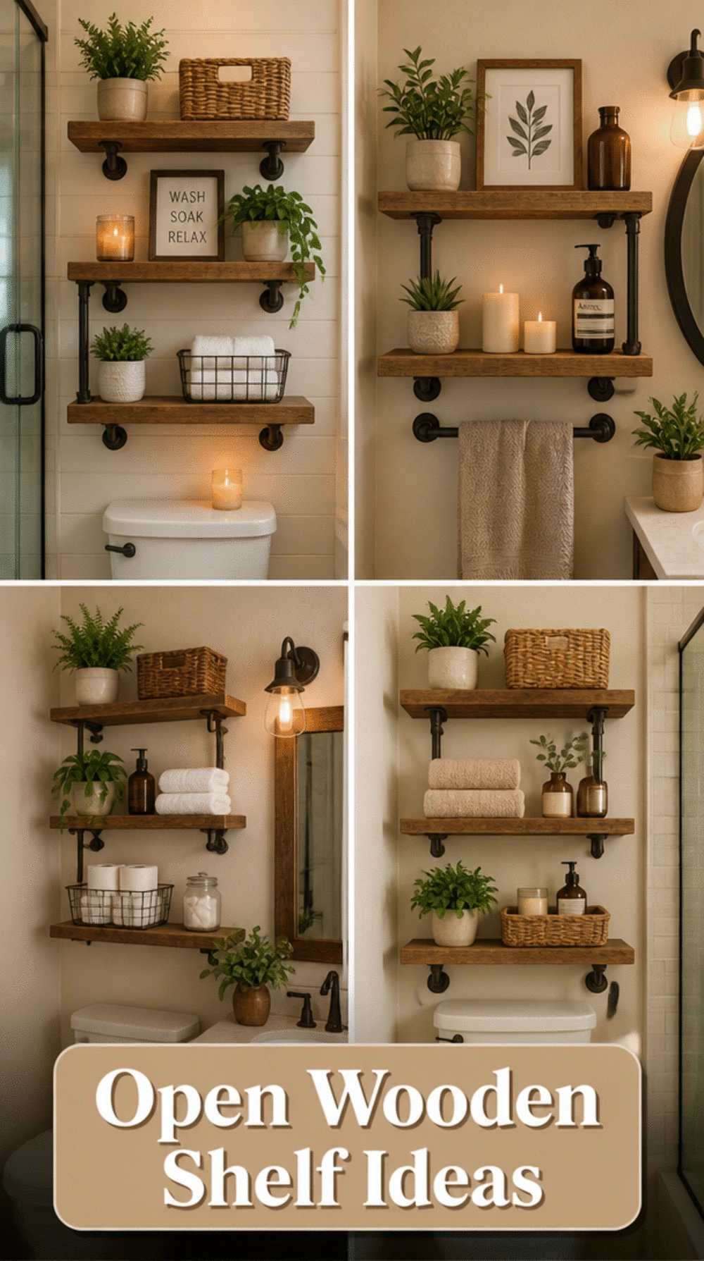 Farmhouse Bathroom Open Wooden Shelf with Iron Pipe Brackets Below Mirror