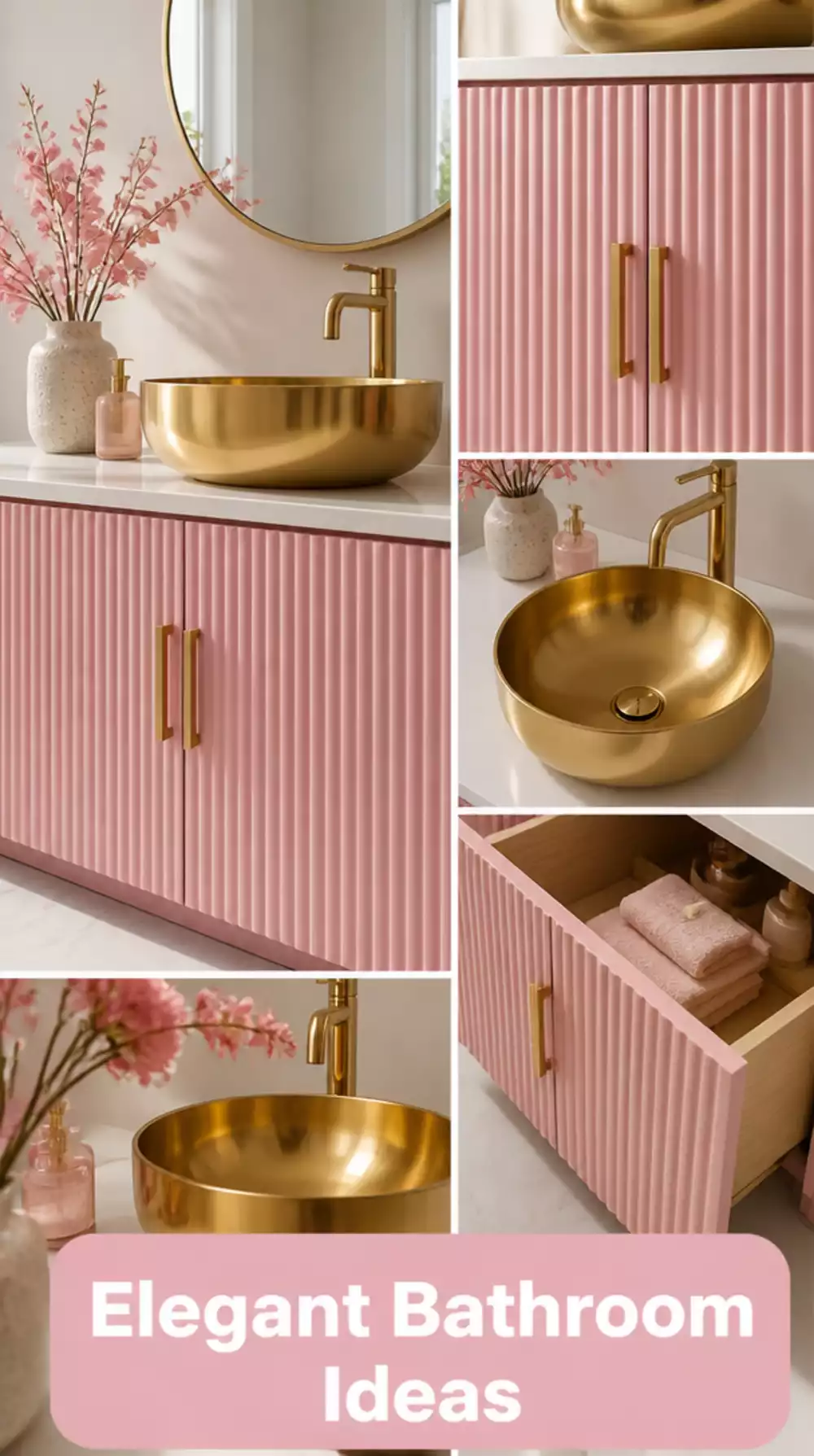 Bathroom Pink Fluted Cabinet Door Paired with a Gold Vessel Sink