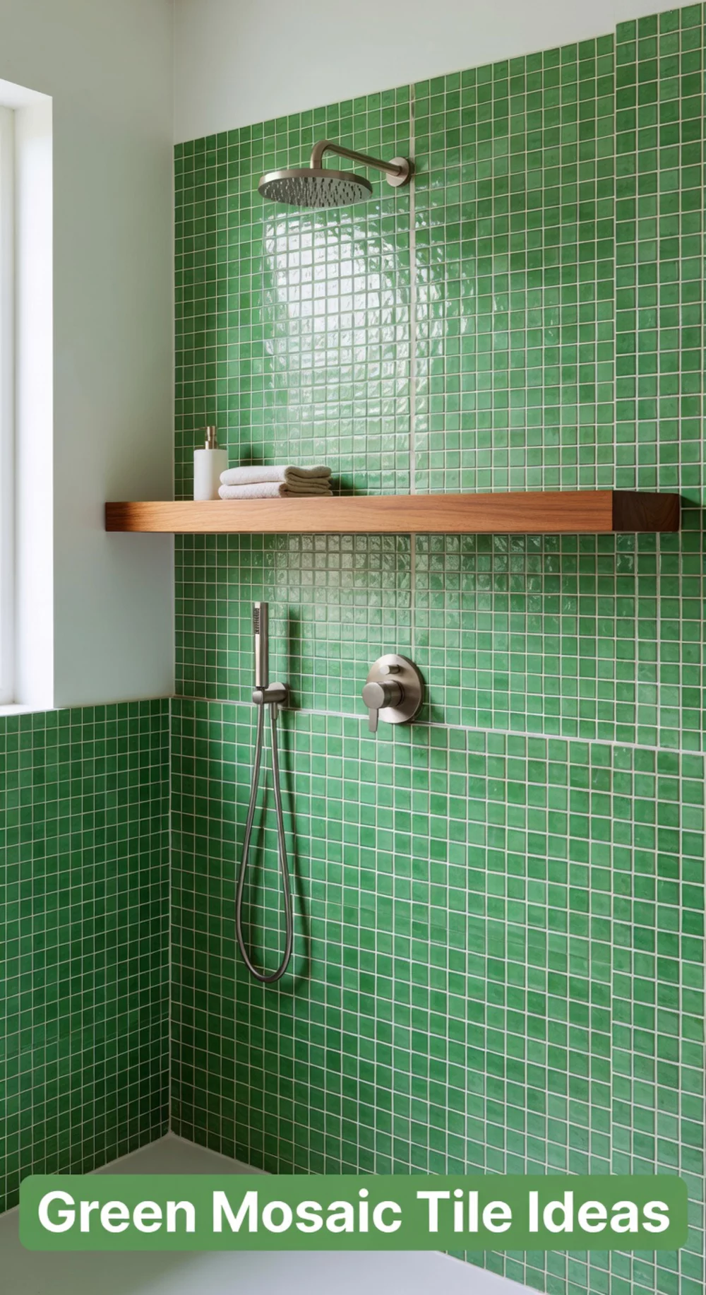 Bathroom Shower Green Mosaic Accent Tile with Wood Shelf Detail