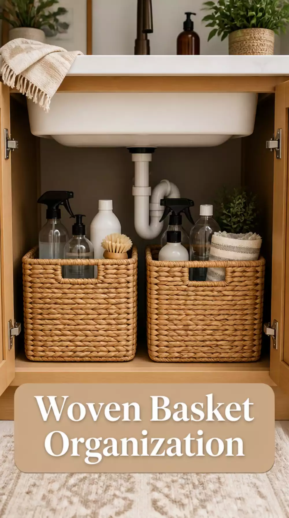 Under-Sink Bathroom Woven Basket Pair That Hides Cleaning Products Tidily