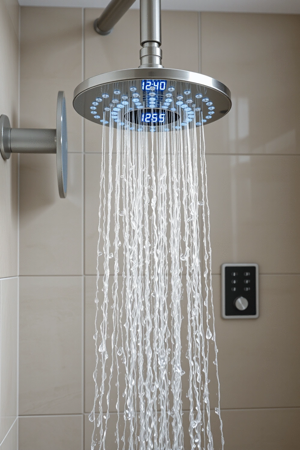 A luxurious smart shower head with multiple spray settings and digital temperature display, set in a modern, tiled shower enclosure.