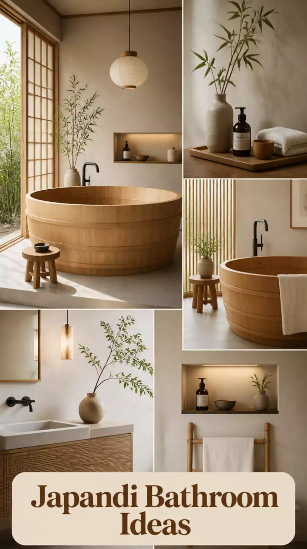 Bathroom Japandi Style with a Wood Soaking Tub Surround and Clean Lines
