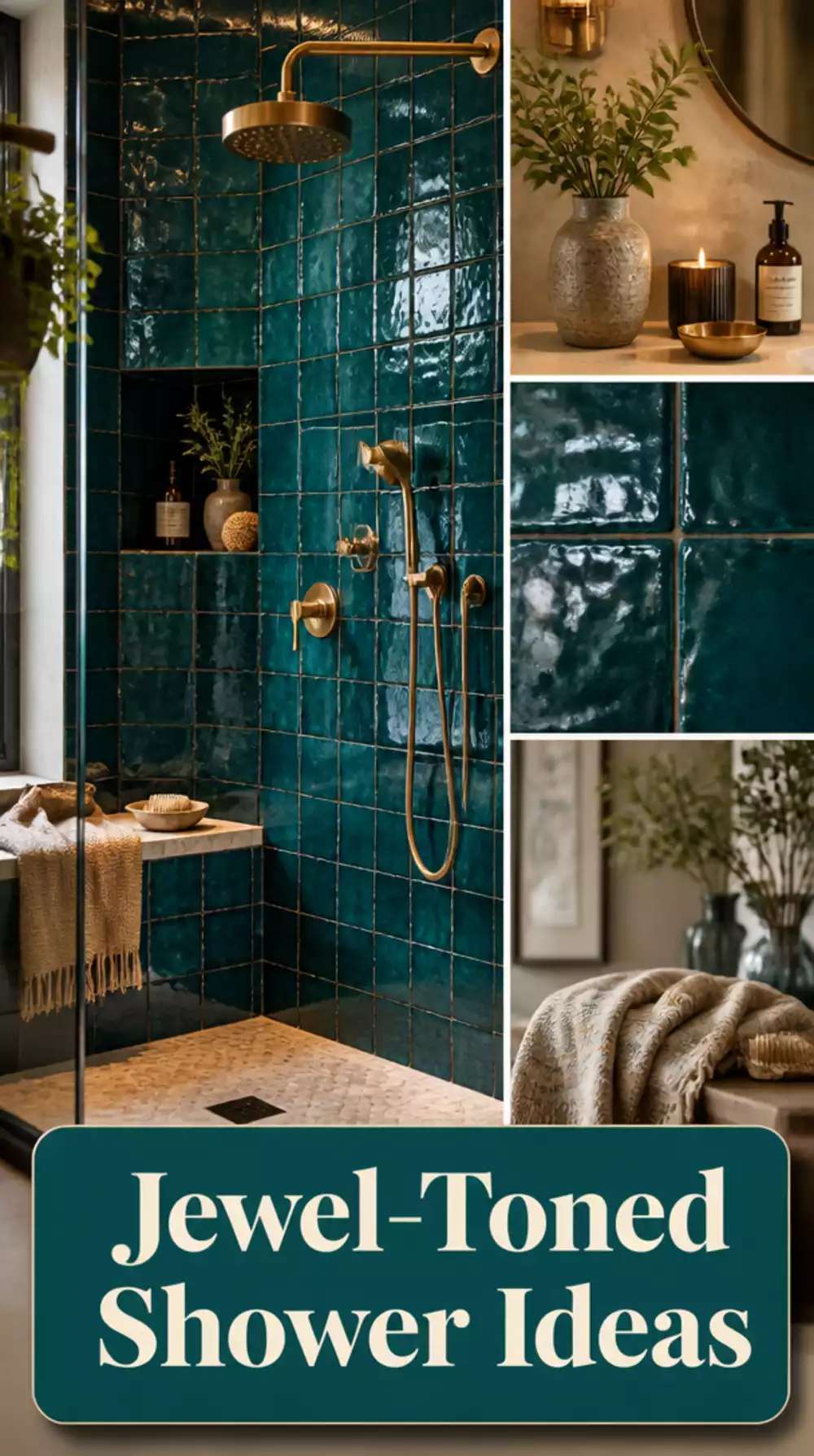 Bathroom Zellige Tile Shower Wall in Deep Teal for a Jewel-Toned Wet Room