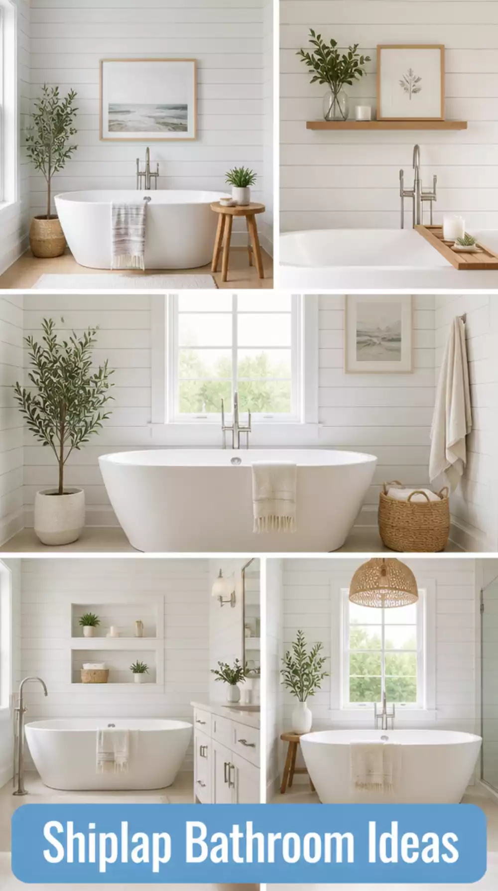 Bathroom Shiplap Accent Wall in White Behind a Freestanding Soaking Tub