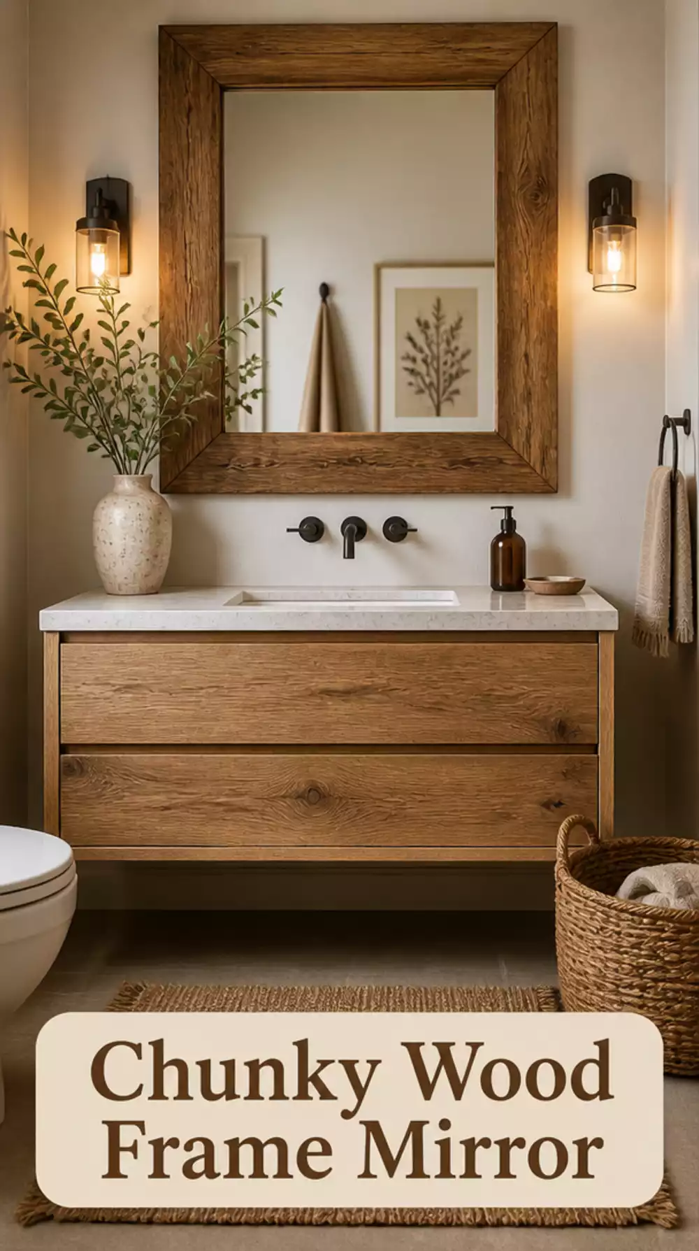 Bathroom Chunky Wood Frame Mirror in Natural Oak Above a Floating Vanity