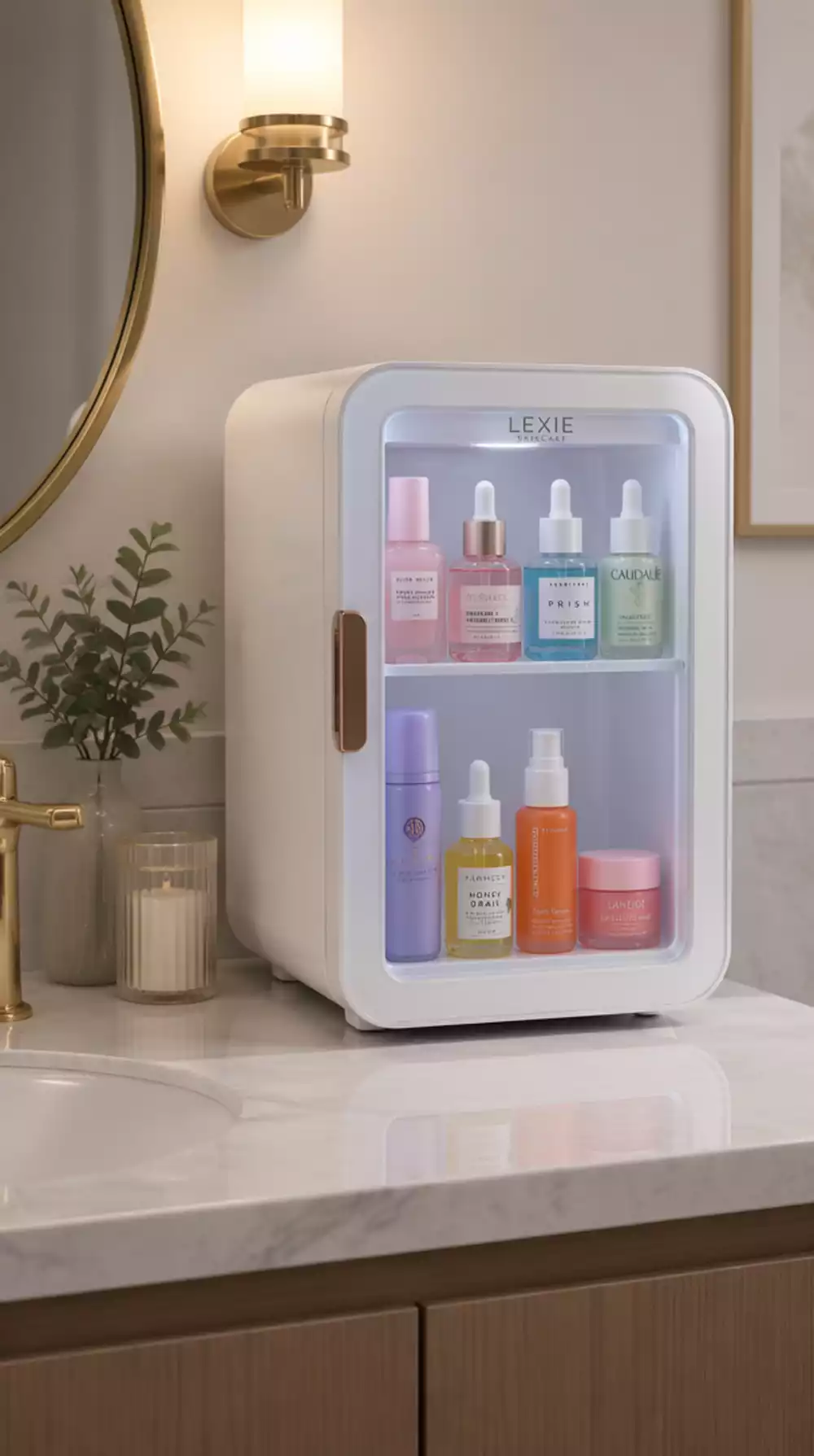 Bathroom Skincare Fridge in a Compact White Unit That Keeps Serums Fresh