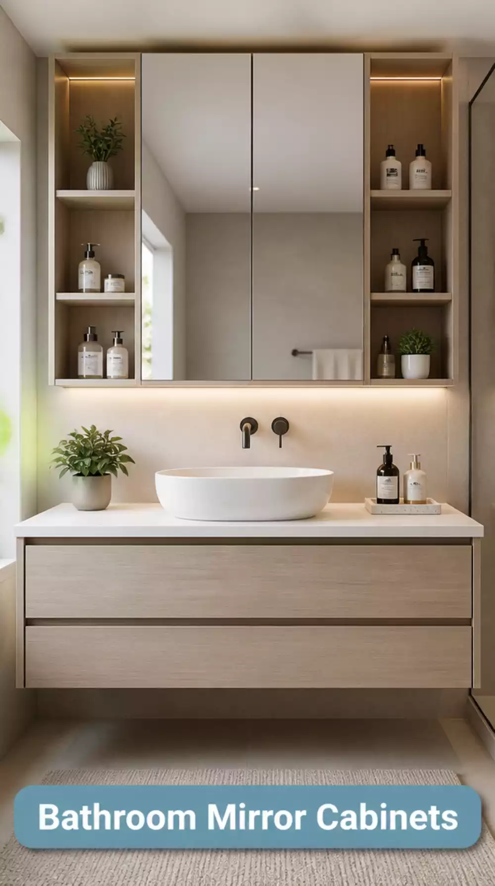 Bathroom Mirror Cabinet Above a Vanity That Doubles the Storage in One Wall Zone