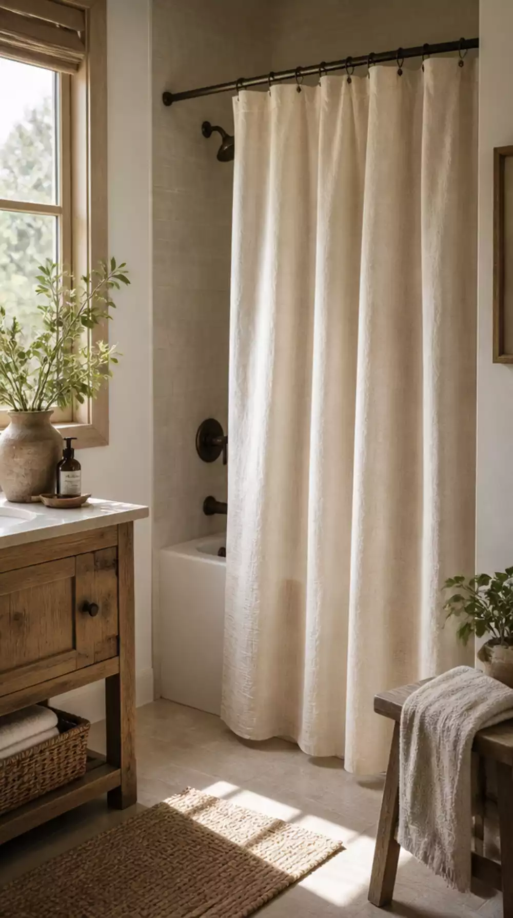 Bathroom Linen Shower Curtain in Warm Ivory That Makes a Shower Feel Luxurious