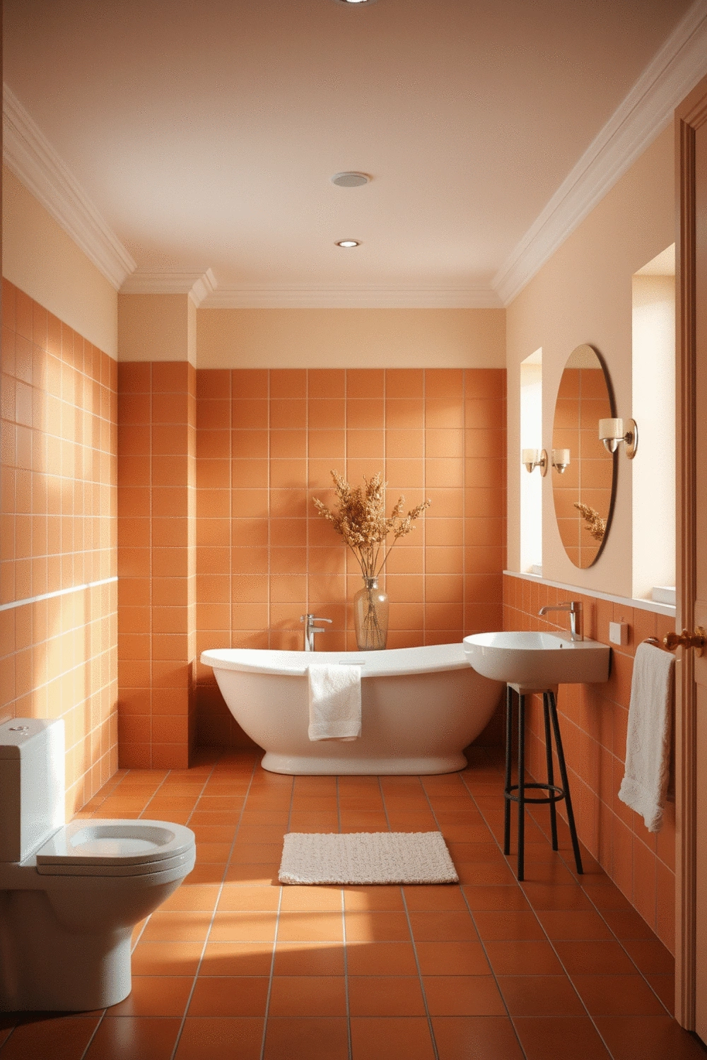 Bathroom interior with warm color palette, soft lighting, and plush towels