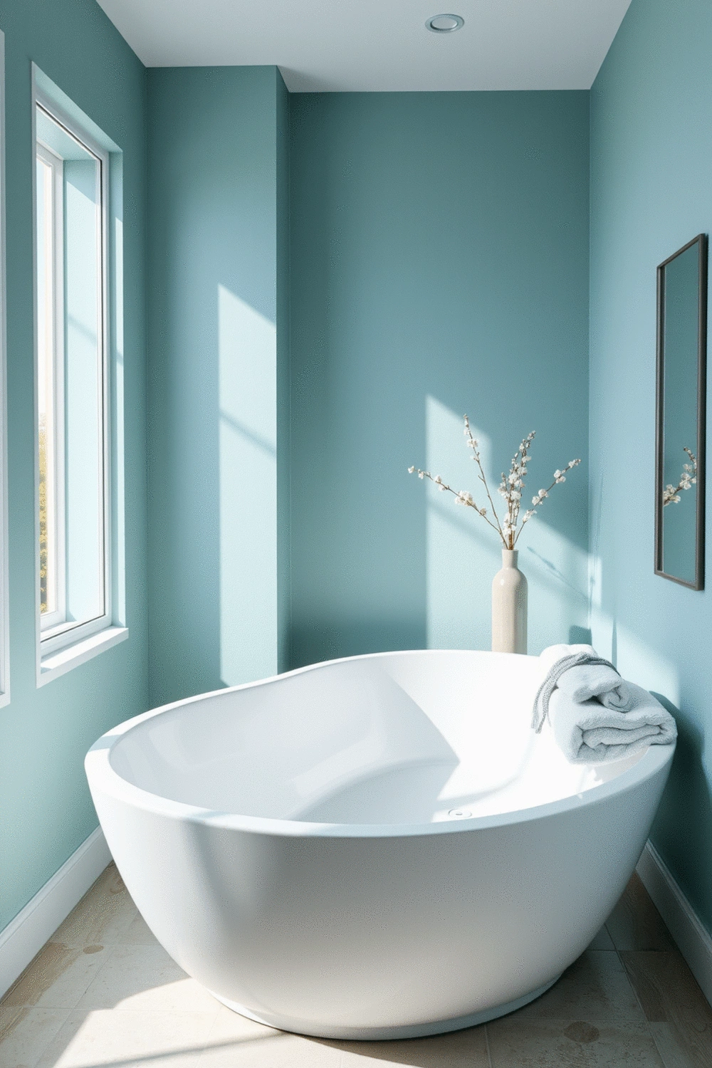 Bathroom interior with calming blue and green color palette, soft lighting reflecting on a pristine bathtub, decorative towels, and subtle botanical elements.