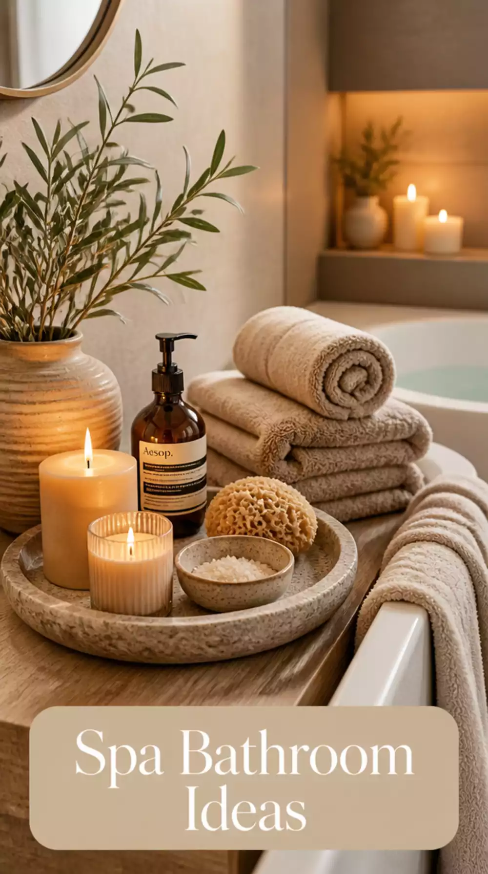 Bathroom Spa Aesthetic with Warm Towels- Candles- and a Stone Tray