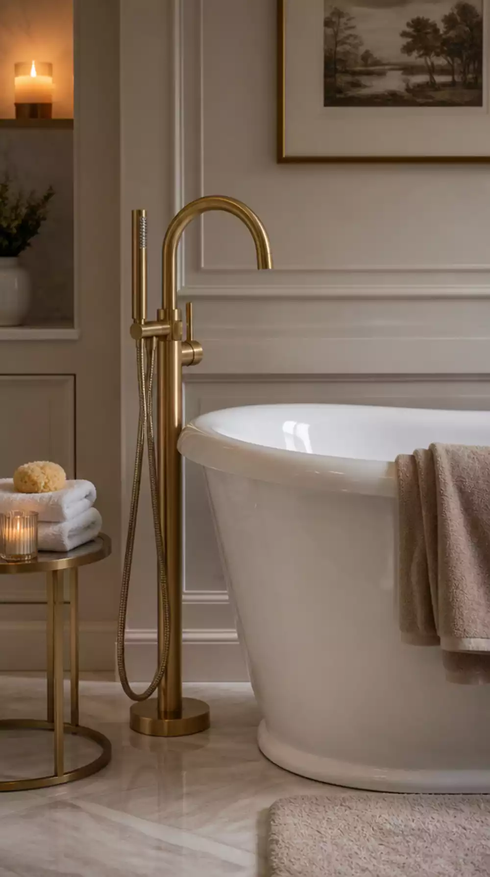Freestanding Bathroom Tub with Floor-Mounted Brass Faucet and Hand Shower