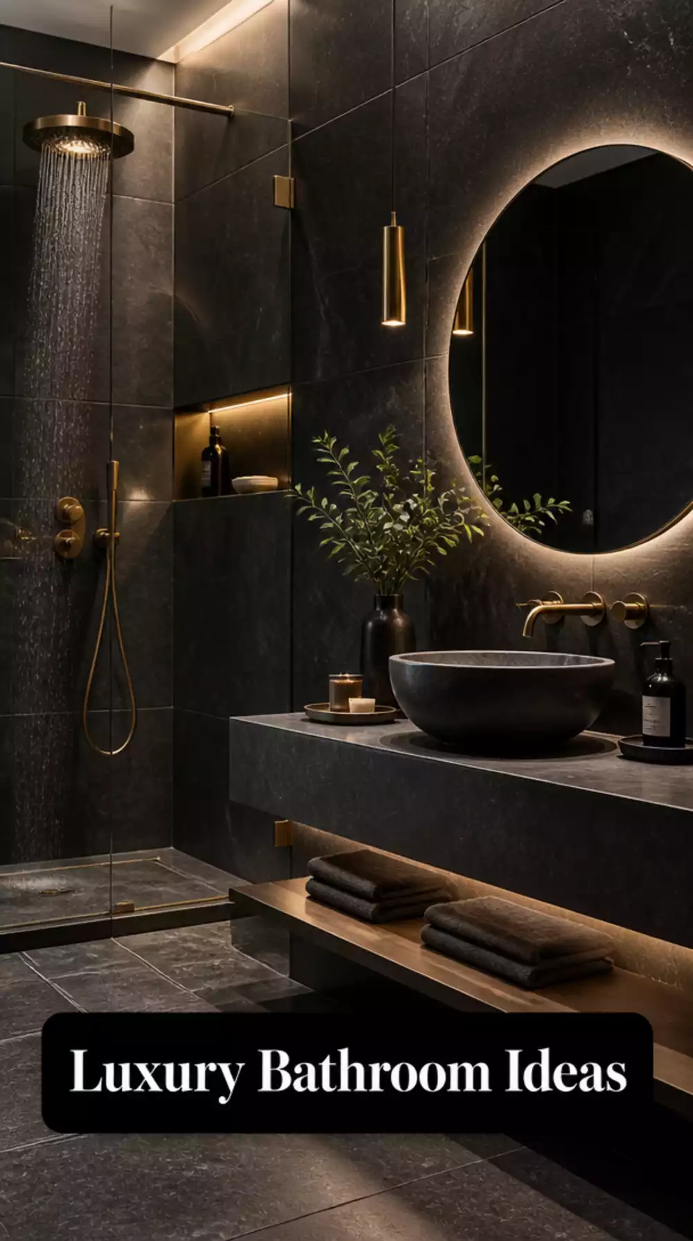 Dark Bathroom Charcoal Floor-to-Ceiling Tile That Feels Boldly Luxurious