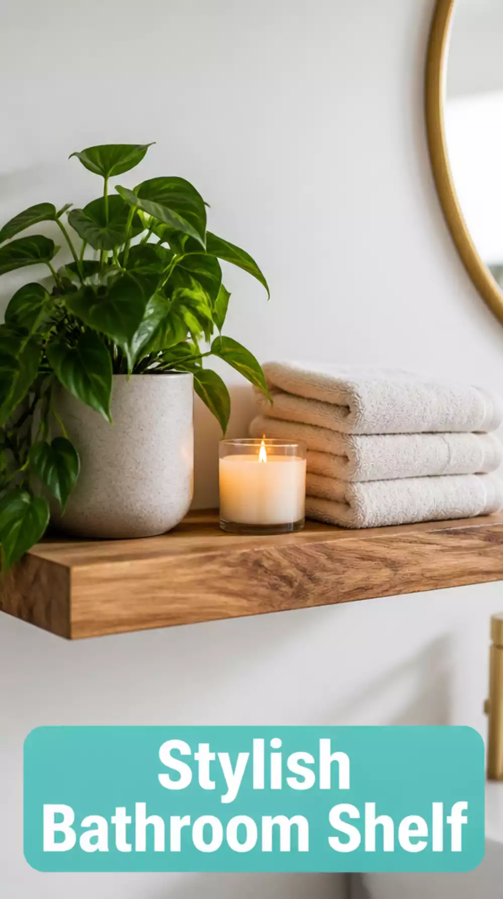 Bathroom Floating Wood Shelf Styled with a Plant, Candle, and Folded Towel