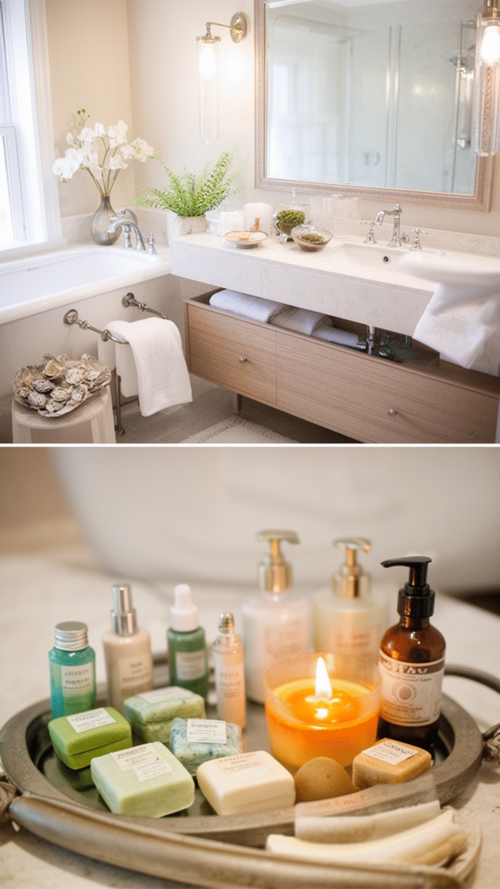 Guest Bathroom Toiletry Tray with Mini Soap, Lotion, and Candle Laid Out Neatly