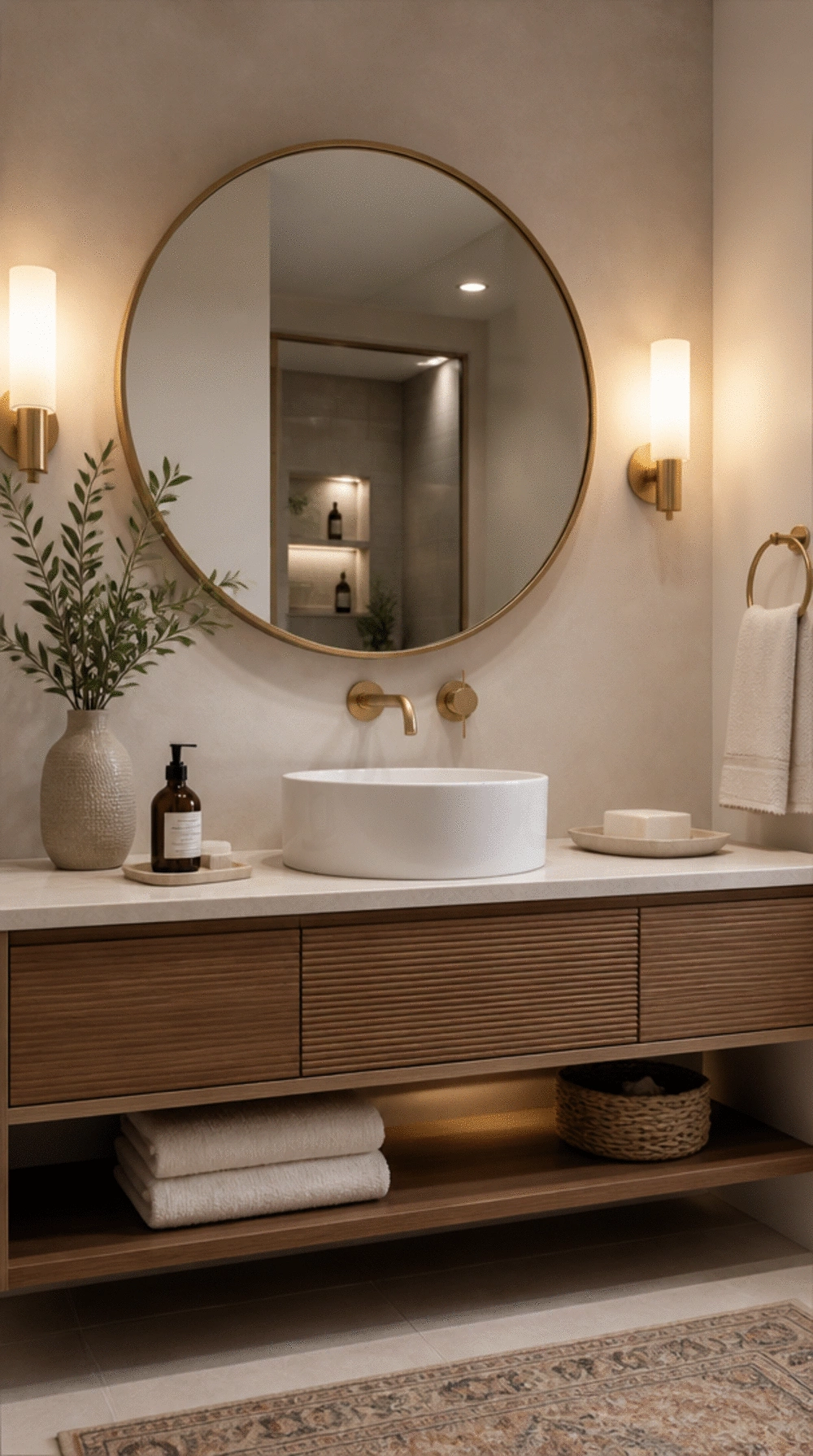 Bathroom Round Mirror in Brushed Brass That Warms Up a Neutral Wall