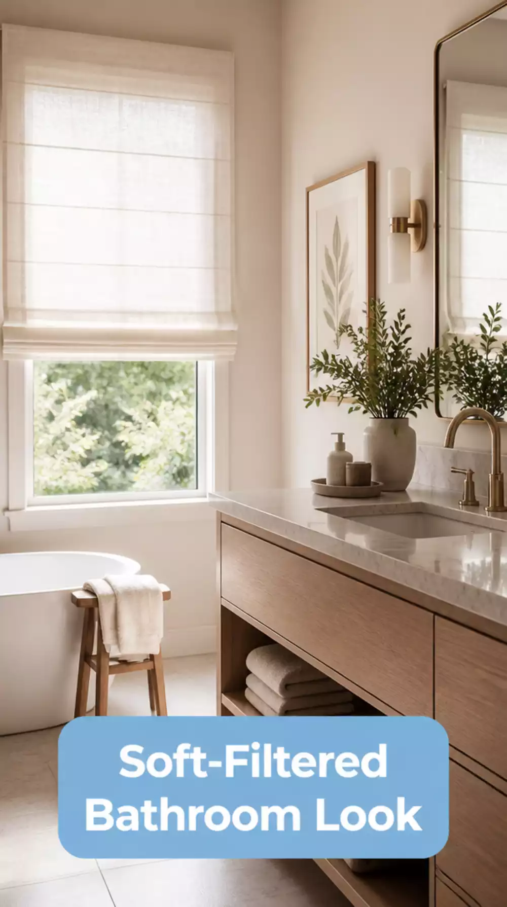 Bathroom Waterproof Roman Blind in White Linen for a Soft-Filtered Look