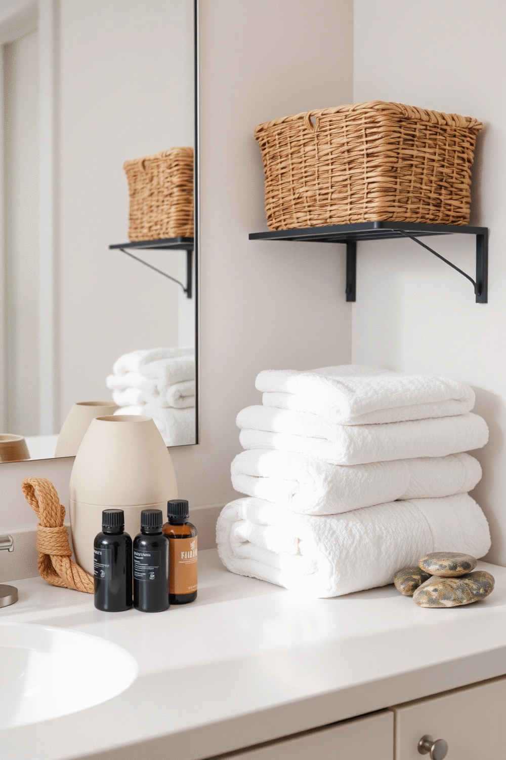 Organized bathroom shelves with stylish baskets and diffusers