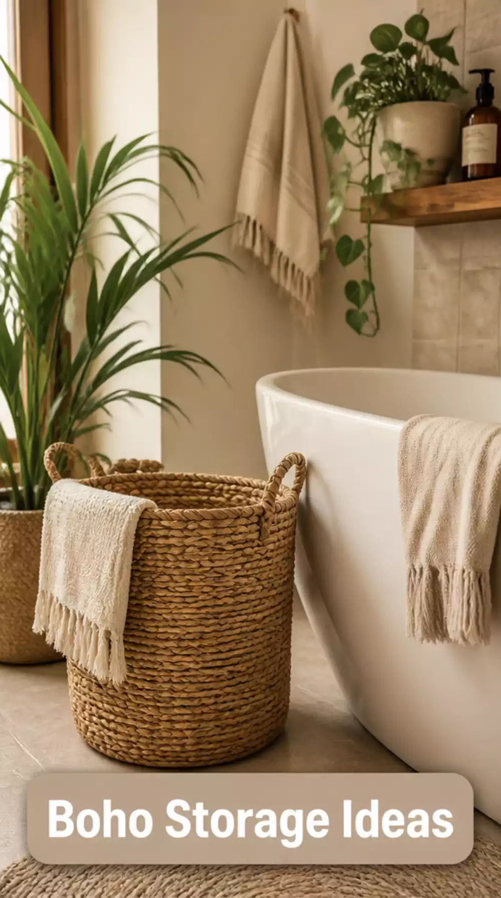 Woven Seagrass Laundry Basket for Boho Bathroom Storage