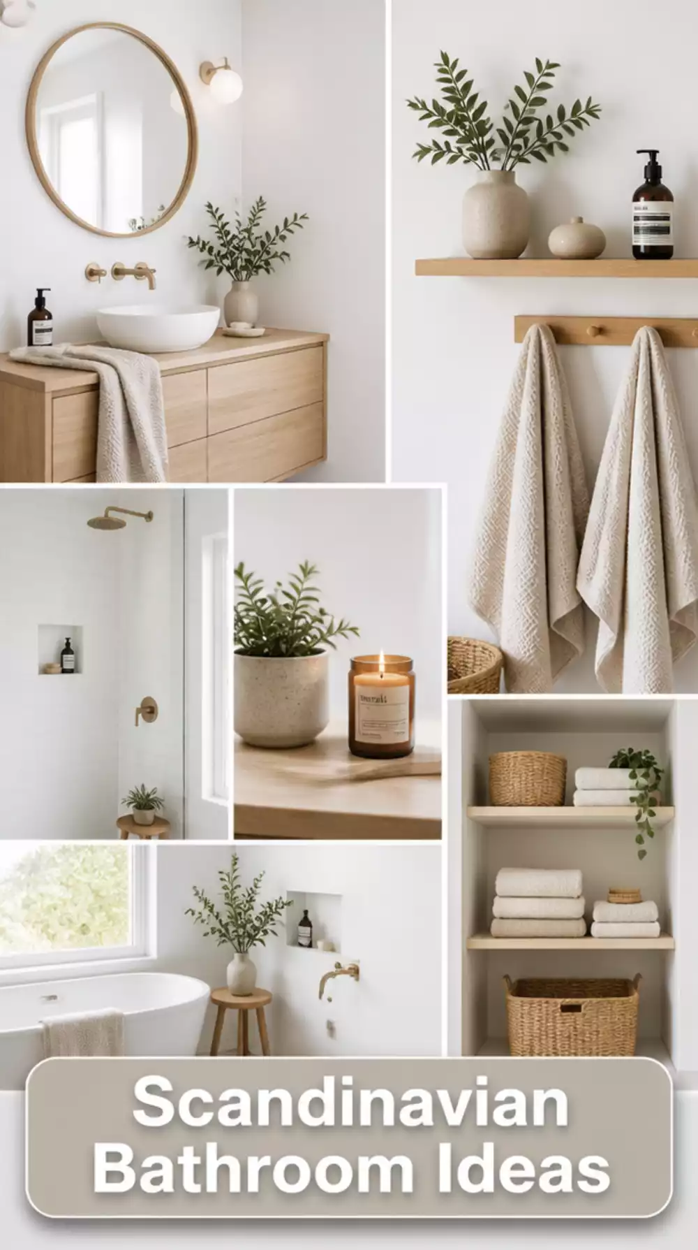 Scandinavian Bathroom with White Walls- Wood Shelf- and Linen Towels