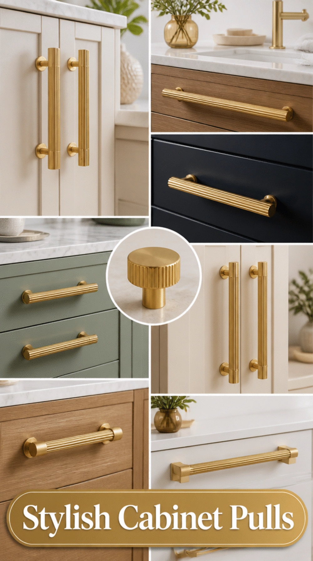 Bathroom Cabinet Pull Set in Fluted Brass That Elevates a Plain Vanity Door