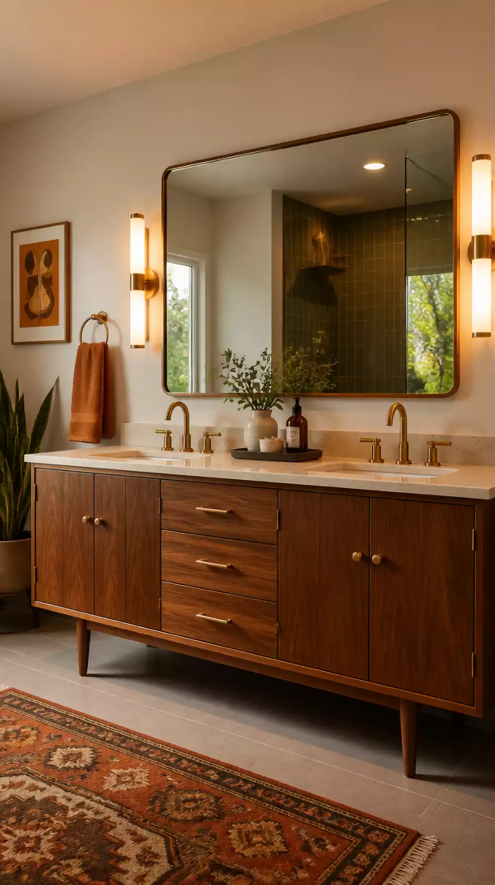 Bathroom Double Vanity in Walnut Wood with Quartz White Countertop