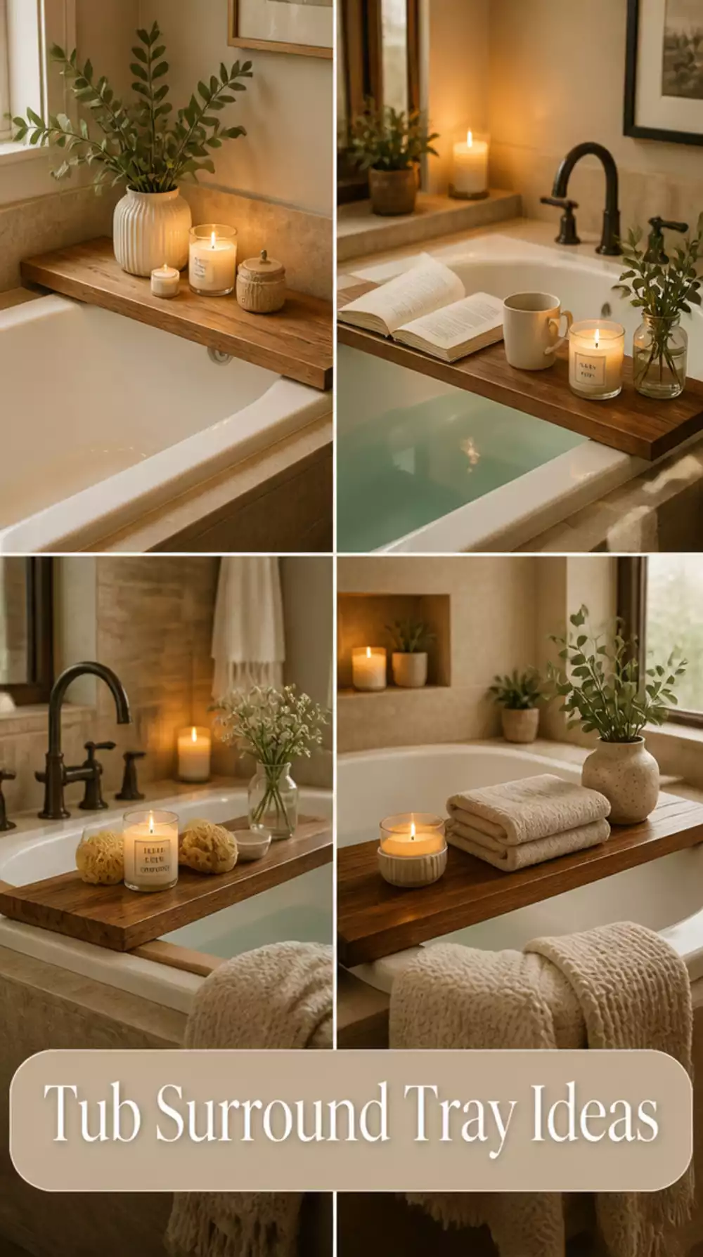 The Bathroom Wood Tub Surround Tray That Holds Candles and a Book
