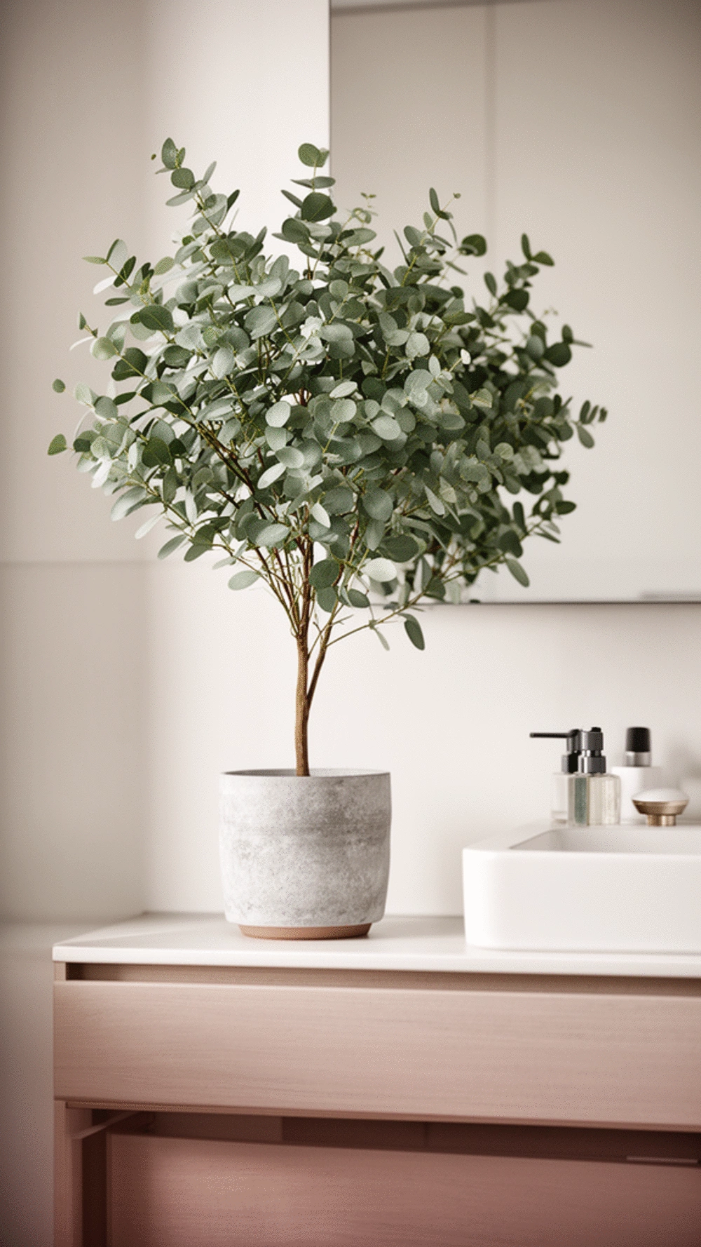 Why a Single Potted Eucalyptus Transforms a Warm Minimalist Bathroom