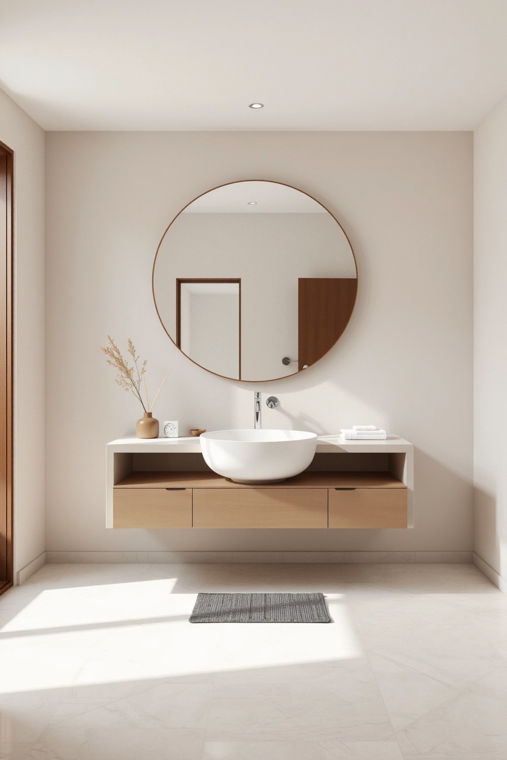 Bathroom interior with minimalist floating vanity, large round mirror, and subtle decorative elements, designed with Feng Shui principles