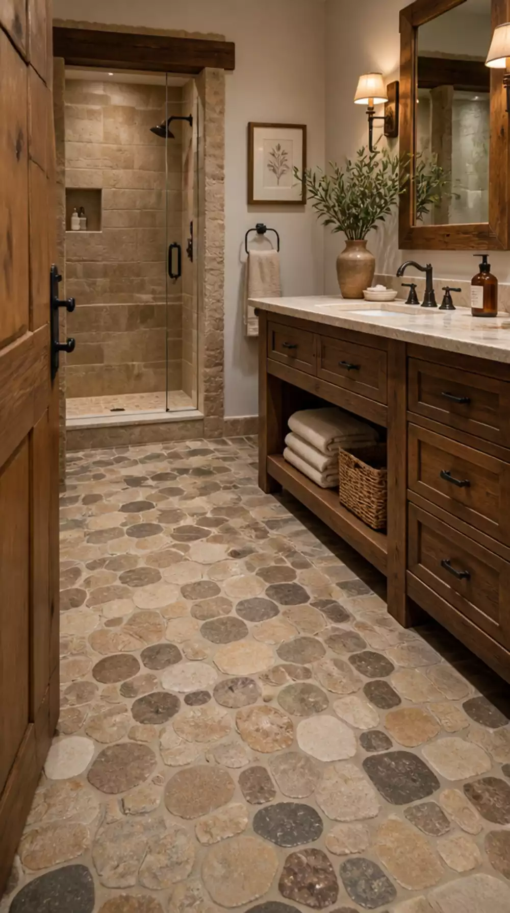 Rustic Bathroom Stone Mosaic Floor Tile with a Warm Tumbled Finish